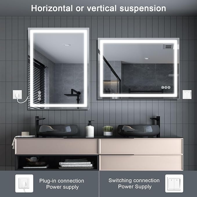 Led Bathroom Mirror with Light 24"x32" Frameless Lighted Vanity Mirror Wall Mount, Fogless, 3 Color Mode, Stepless Dimmable Front Light and Backlit, Smart Touch Sensor, Tempered Glass