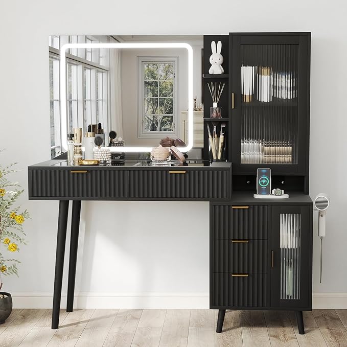 Black Vanity Desk with Mirror and Lights, 49" Fluted Wood Makeup Vanity Table with Modern Glass Top, Charging Station, 5 Drawers, 2 Cabinet with Adjustable Shelves, Salon Station