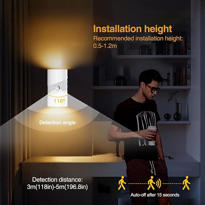 Tomshine Rechargeable Wireless Wall Light (2 Pack) - Motion Sensor Night Light Battery Operated, Adhesive Wall Sconce with 3 Modes, 3 Color Temps & 4 Brightness, USB-C for Hallway, Stairs Indoor