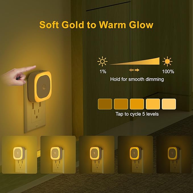 2 Pack Plug in Night Light with Motion Sensor & Dusk to Dawn Sensor, 3 Sensor Modes, Auto ON/Off, Dimmable Nightlight for Living Room, Hallway, Bathroom, Golden Yellow
