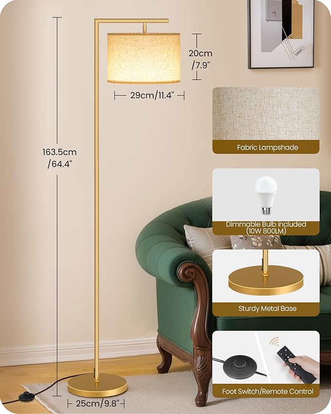 Modern Dimmable Floor Lamp for Living Room, Corner Tall Lamp with Fabric Shade, LED Bulb Included, Arched Reading Light with Remote Control and Foot Pedal, Beige and Gold DE11LD05