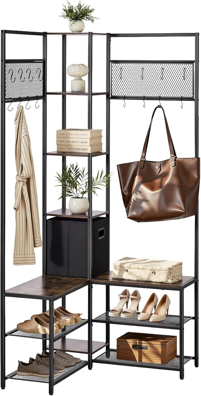 VEVOR Corner Hall Tree with Shoe Bench, 70.9 in Coat Rack with Hooks and Steel Frame, Freestanding Clothes Shoes Rack Storage Organizer with Anti-Tip Set, for Entrance, Closet, Office, Rustic Brown