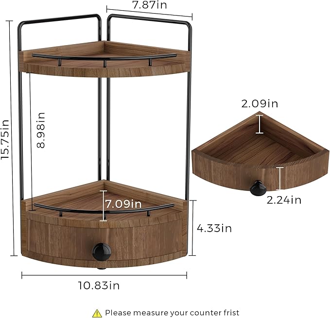 2-Tier Corner Bathroom Countertop Organizer with Drawer, Wooden Vanity Organizers for Makeup and Skincare Storage, Corner Counter Shelf with Embedded Screw Holes, Dark Brown