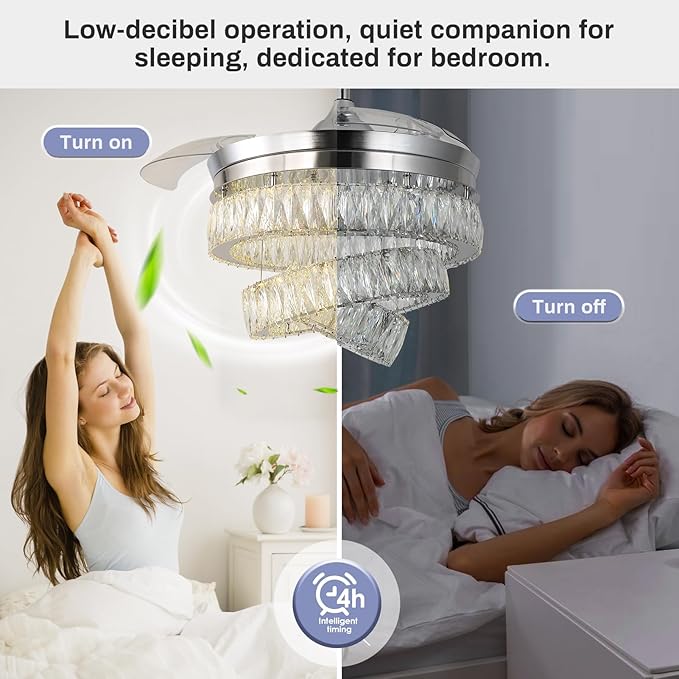 Finktonglan 42'' Fandelier Ceiling Fan with Light, LED Crystal Chandelier Ceiling Fan with Remote Retractable Chandeliers Fan for Bedroom Living Room, Timing 6 Speed Reversible, Chrome