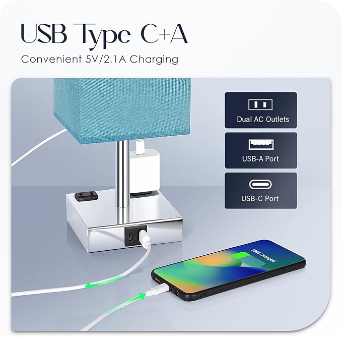 Bedside Lamp with USB Ports - Touch Control Table Lamp for Bedroom with USB C+A Charging Ports & AC Outlets, 3 Way Dimmable Nightstand Light with Flaxen Shade for Living Room (LED Bulb Included, Blue)