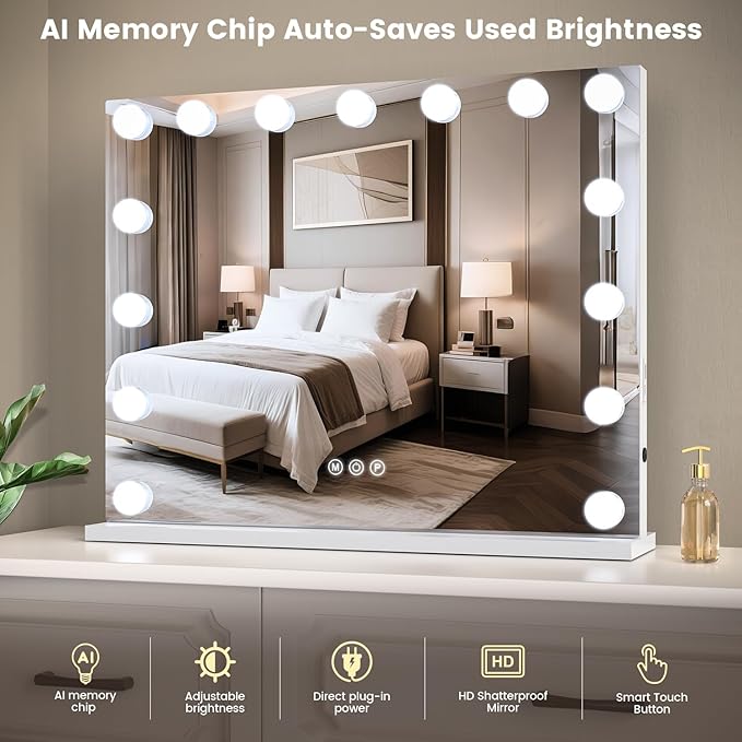 VESAUR Hollywood Vanity Mirror with 10X15X Magnification and Lights, 23"x18" Makeup Mirror with 15 Dimmable LED Bulbs, 3 Color Modes, USB/Type-C Port, Aluminum Frame, Tabletop & Wall Mount for Bedroom