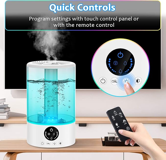 Cool Mist Humidifier, Ultrasonic Humidifiers for Bedroom Baby, 3L Large Humidifier w/Remote Control, 7 Colors Night Light 6 Dimmer Adjustable Mist Levels, Timer, Auto Shut-Off for Large Room, White