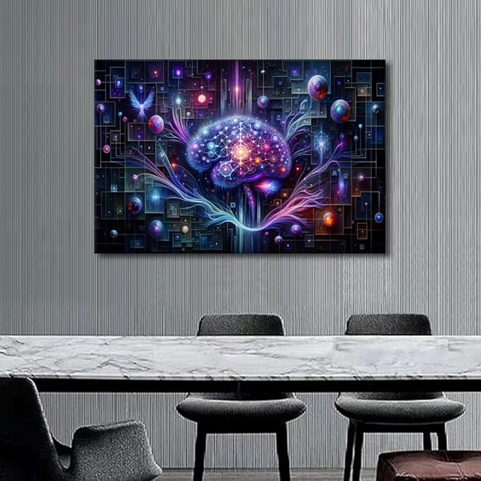 Digital Brain Canvas Wall Art for Bedroom Neurological Data Analysis Painting House Decorations Technology Print Artwork Canvas Framed Artwork for Walls Posters framed Ready to Hang 24"Wx36"Hx1 Panel