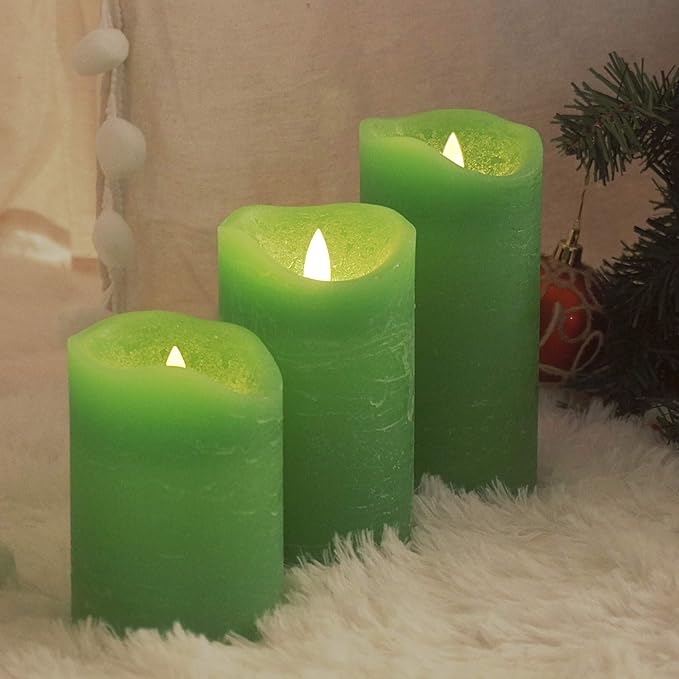 CANDLE CHOICE Battery Operated Flameless Candles with Timer Real Wax Realistic Flickering Electric LED Pillars Automatic Built-in Daily Cycle Timer 6-Hour on 18-Hour Off 3 Pack Rustic Texture Green