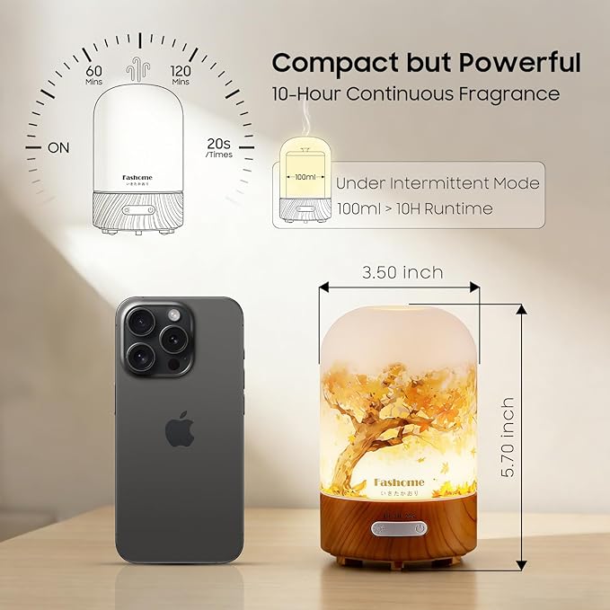 Hand Blown Glass Essential Oil Diffuser, 100ml Small Ultrasonic Aromatherapy Mist Maker for Home, Bedroom, Office, Auto Shut-Off, Cool Mist Humidifier with Warm White Light