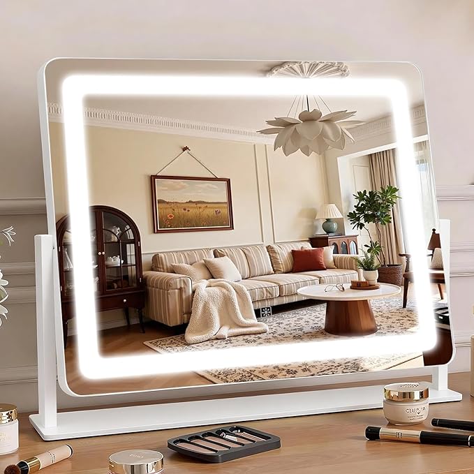 Vanity Mirror with Lights 22"×17", Large LED Makeup Mirror with Light, Smart Touch with 3-Color Lighting, Dimmable, 360° Rotation, HD Desk Mirror, Vanity Mirror Tabletop (White)