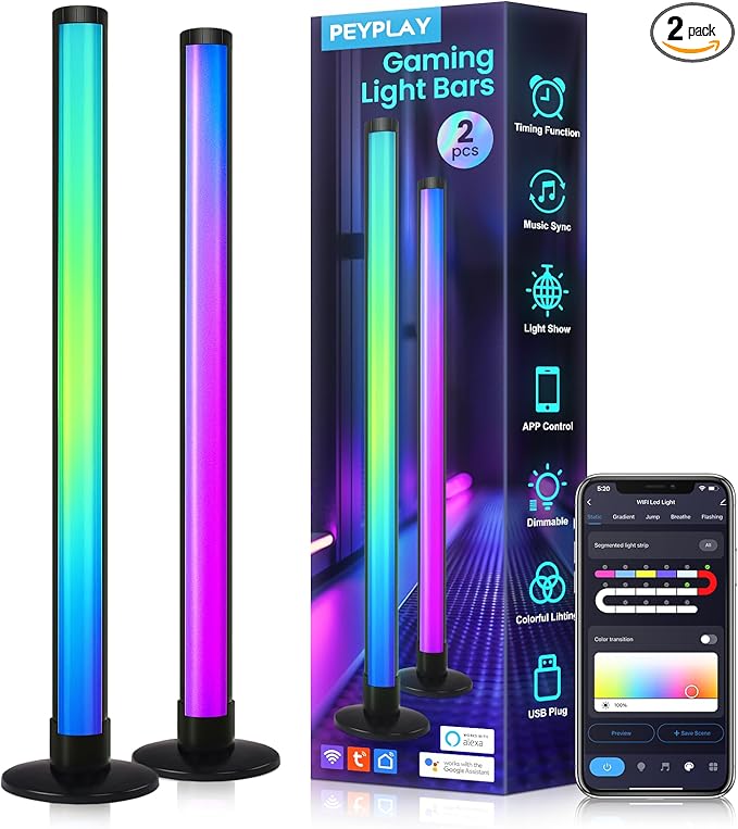 RGB+IC Ambient LED Light Bars for Gaming Room, PC, and Home Décor, USB Powered Mood Lighting with Music Sync, Alexa, App & Voice Control, Adjustable Brightness, DIY Effects