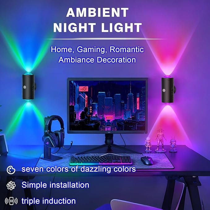 LED Wireless Wall Sconce with Color Changing, Motion Sensor Light Indoor, 1500mAh Rechargeable Battery Operated Wall Sconces for Bedroom Bedside Hallway Courtyard Doorway (black - 2 Pack)