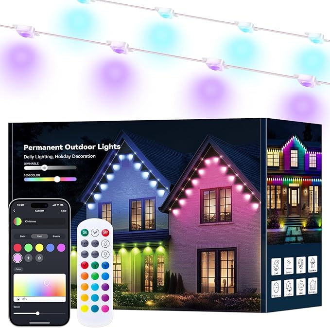 Smart 50FT Permanent Outdoor Lights, RGB LED Lights Outside with App Control - DIY Colors Scene Modes, IP67 Waterproof Eaves Lights for Christmas Halloween Holiday Daily House Roof Eternity Lighting