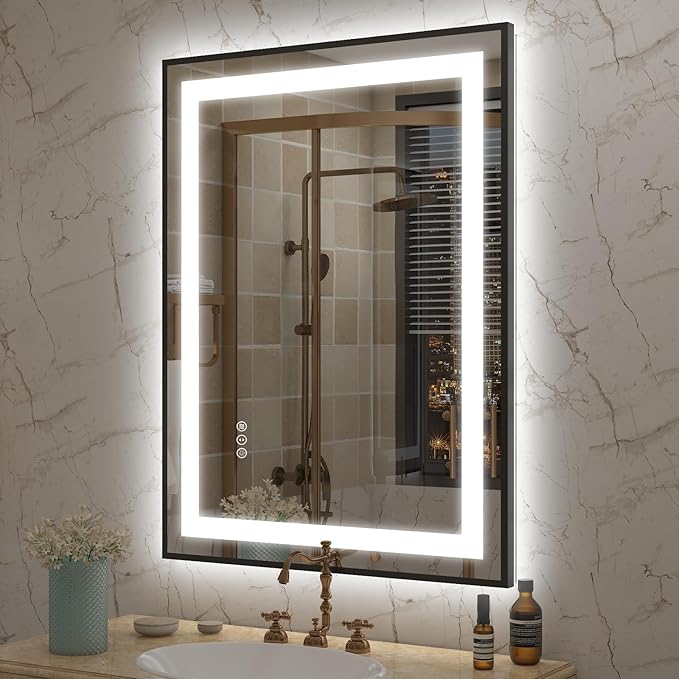 OKPAL 24x32 LED Bathroom Mirror with Black Frame, Lighted Mirrors for Bathroom Wall, Frontlit & Backlit LED Bathroom Vanity Mirror, Anti-Fog, Dimmable, Shatterproof, ETL Listed
