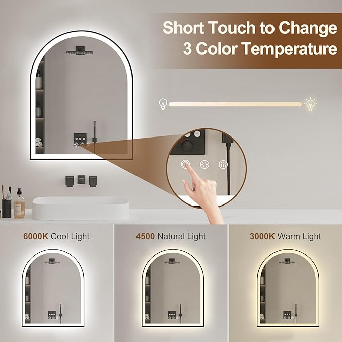 Arched LED Mirror for Bathroom 24"x30", Black Lighted Bathroom Mirror with Lights-Fogless, Dimmable, 3 Color Changing, Shatterproof, Touch Sensor
