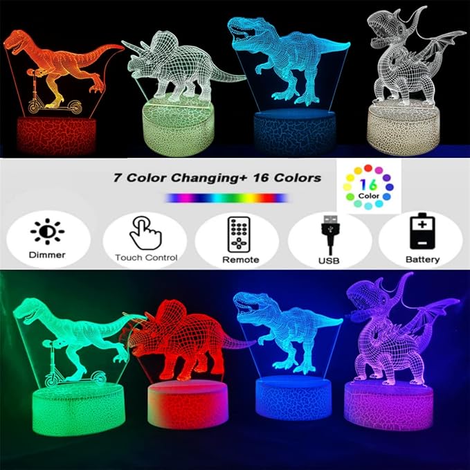 3D Hologram Dinosaur Night Light, 4 Patterns, Dimmable Remote/Smart Touch, 16 Color Changing Light, T-Rex Bedside Desk Lamp, Gift for Dinosaur Lovers