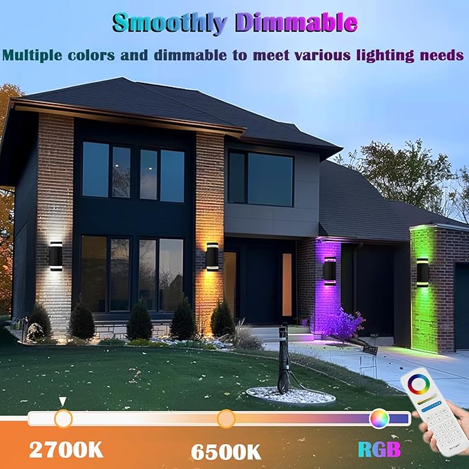 RGB Outdoor Wall Lights with RF Remote Control, Color Changing Porch Light, Up and Down Smart Wall Sconces with 2700k- 6500k RGB+CCT and 32 Modes-ETL Listed (2 Pack)