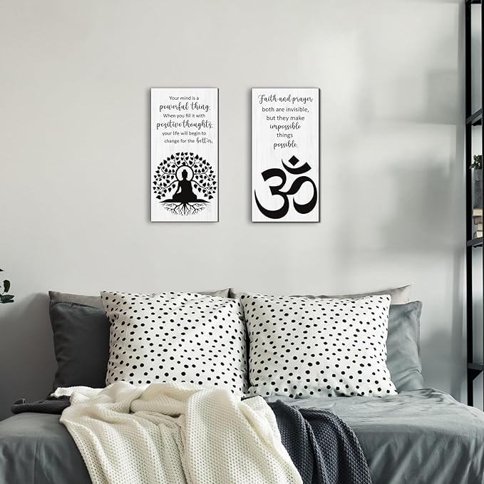 Blulu 2 Pcs Buddha Quote Decor Buddha Inspirational Quote Wall Art Meditation Room Chakra Decor Zen Wooden Hanging, Spiritual Gift for Home Yoga Living Room Women(Motivation)