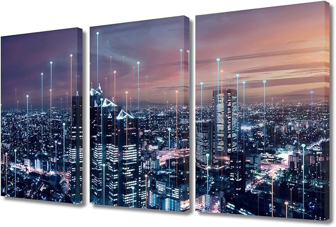 TUMOVO 3 Panel Modern City with Wireless Network Connection Canvas Wall Art Abstract Futuristic PCB Pattern Pictures Wall Decor for Living Room Framed Ready to Hang (36" Wx24 H)