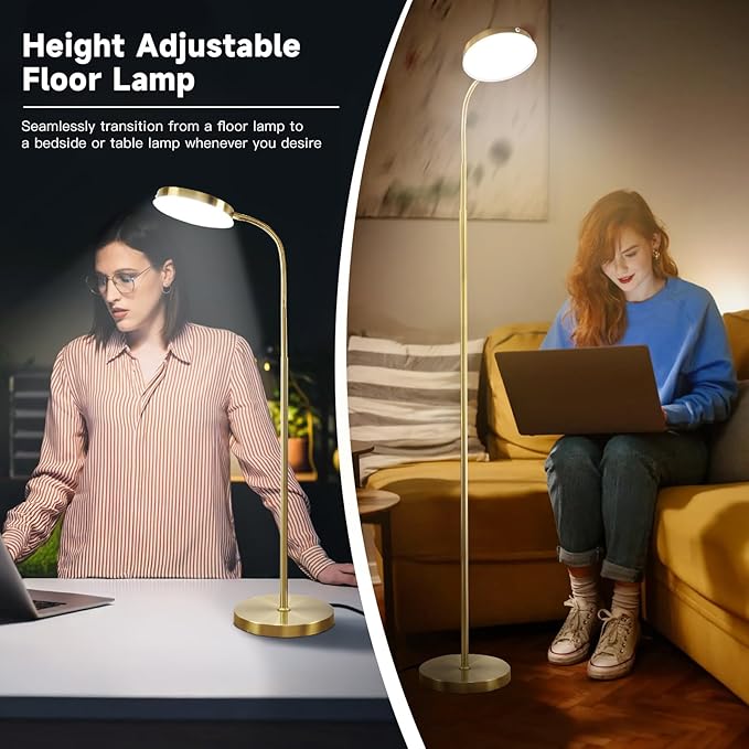 Floor Lamp, Led Floor Lamps for Living Room, Stepless Adjust Color Temperatures & Brightness Standing Lamp with Touch Control Tall Lamps Adjustable Gooseneck Reading Floor Lamp (Gold)