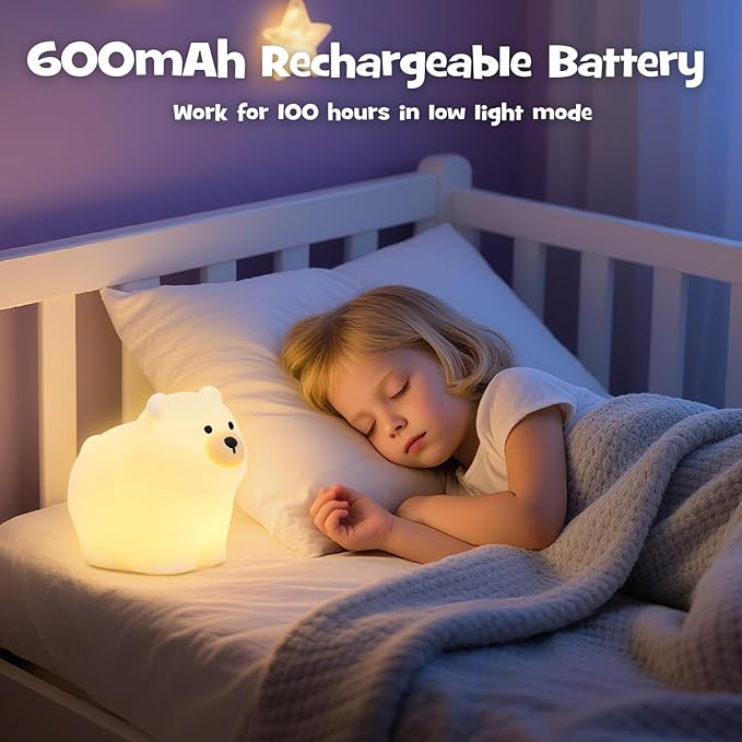 Squishy Polar Bear Night Light with RGB Mode Cute Polar Bear Light 3 Brightness Adjustable Nursery Breastfeeding Nightlight Rechargeable Silicone Touch Bedside Animal Lamp for Bedroom Dorm Decor