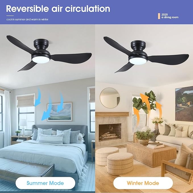 46 Inch Flush Mount Ceiling Fan with Light, 3 Reversible Blades, Remote & APP Control, 3 CCT Dimmable for Bedroom Living Room, Black
