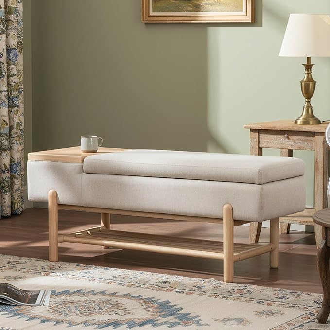Modern Entryway Storage Bench, Upholstered Shoe Ottoman Bench, Flip-Top End of Bed Bench with Wood Shelf/Coffee Table for Living Room/Bedroom/Hallway/Under Window,46.5 Inches,Beige Linen