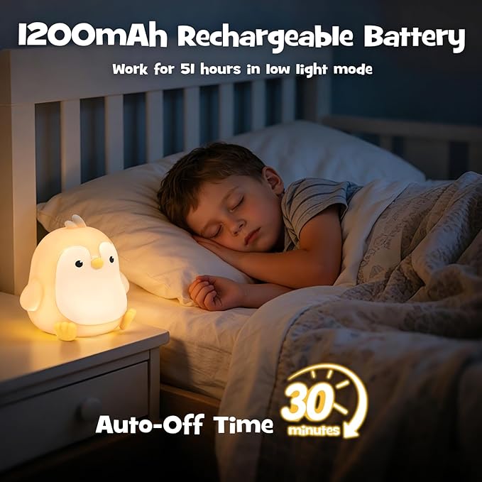 Penguin Night Light Squishy Silicone Nursery Breastfeeding Nightlight with Timer 3-Level Warm White RGB Color Modes Cute Penguin Lamp Rechargeable Touch Bedside Desk Animal Lamp for Bedroom Dorm Decor