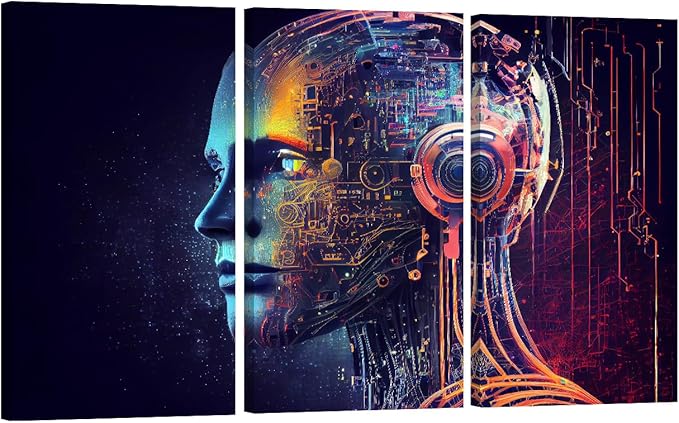 Large Canvas Wall Art AI Futuristic Technology Picture Posters for Home Wall Decor, AI Pictures Print on Canvas Wall Art for Bedroom Office Wall Decor Framed and Stretched Ready to Hang 20x40inchx3