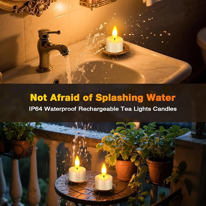 Yme Rechargeable Flameless Tea Lights Candles with Remote & Magnetic Charging Base, 6pcs Waterproof Battery Operated LED Flickering Votive Candles with Timer for Home Lantern Pool Wedding Party Decor