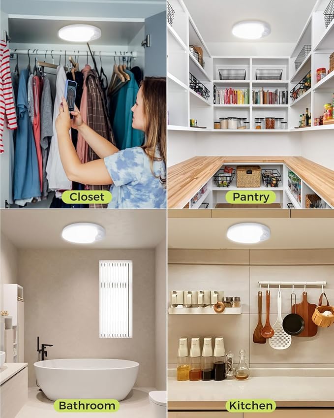 2Pack Rechargeable Motion Sensor Ceiling Light with Remote, Magnetic Wireless Ceiling Light Battery Powered, 3000K/4000K/6500K, Dimmable, Timer, Motion Activated, for Closet Shower Hallway Pantry