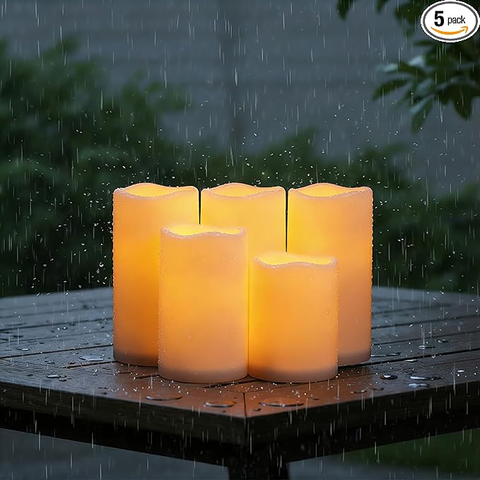 Raycare Outdoor Waterproof Flameless Candles-Auto Light Sensor Dusk to Dawn, Flickering LED Candle, Battery Operated Electric Fake Pillar Candle for Garden, Porch, Patio Decor, (D3 xH4 5" 6" 6" 6")