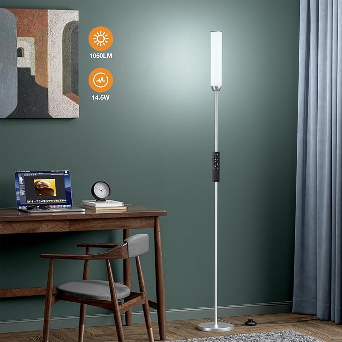 Ambimall LED Floor Lamp with Remote Control, 65" Standing lamp with Stepless Adjustable 3000K-6500K Colors & 30-100% Brightness, Foot Switch(Silver)