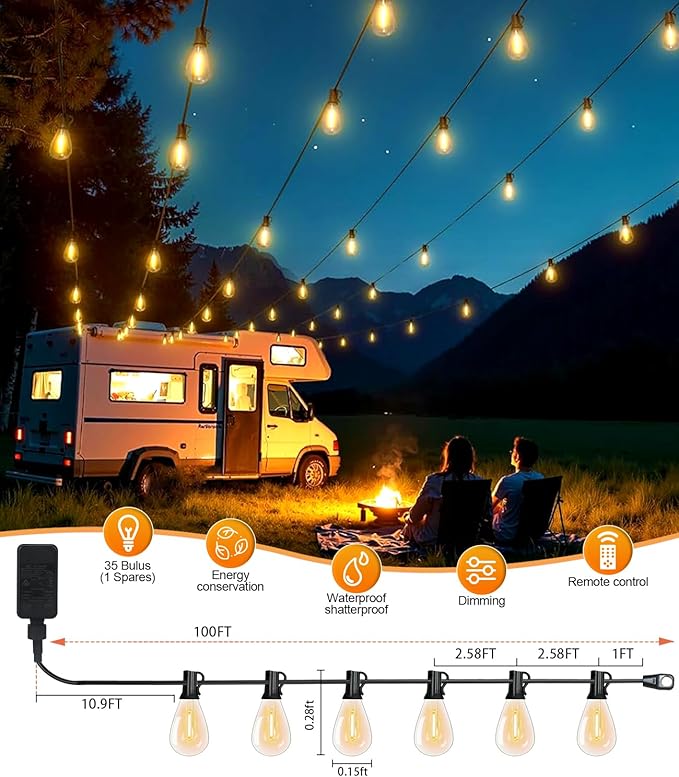 Tenmiro 100FT LED Outdoor String Lights with Remote, 35+ 1 Shatterproof Bulbs Waterproof and Dimmable Patio Lights for Porch, Garden, Backyard, Deck, Balcony, 2700K Hanging Lighting