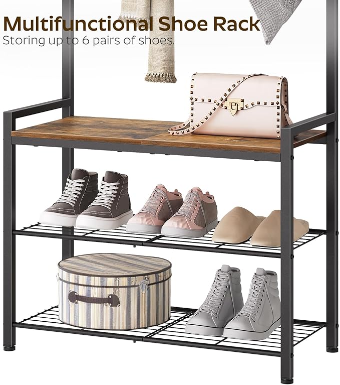 Hall Tree, Coat Rack with Shoe Bench, Entryway Bench with Shoe Storage, Multifunctional Entryway Storage Organizer, Metal Frame and 8 Movable Hooks, for Hallway, Rustic Brown MT01BR