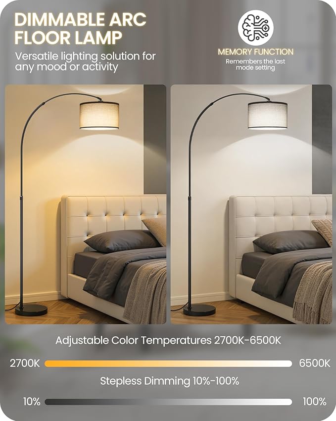 75" Arc Floor Lamp with Marble Base and Adjustable Height, Rotating Hanging Shade, Dimmable Floor Lamp for Living Room with Remote and Foot Switch, 3 Color Temperature, Gray Line Shade H15LD05N1