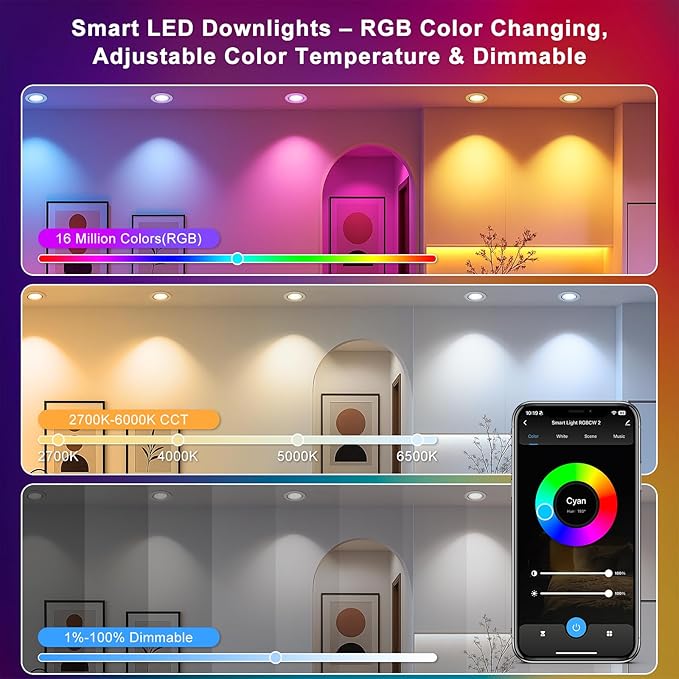 2 Inch Smart Recessed Lighting, 5W WiFi Dimmable LED Downlight, RGB Color Changing & CCT 2700K–6500K, Compatible with Alexa & Google Home, LED Recessed Ceiling Light with Driver (1 Pack)