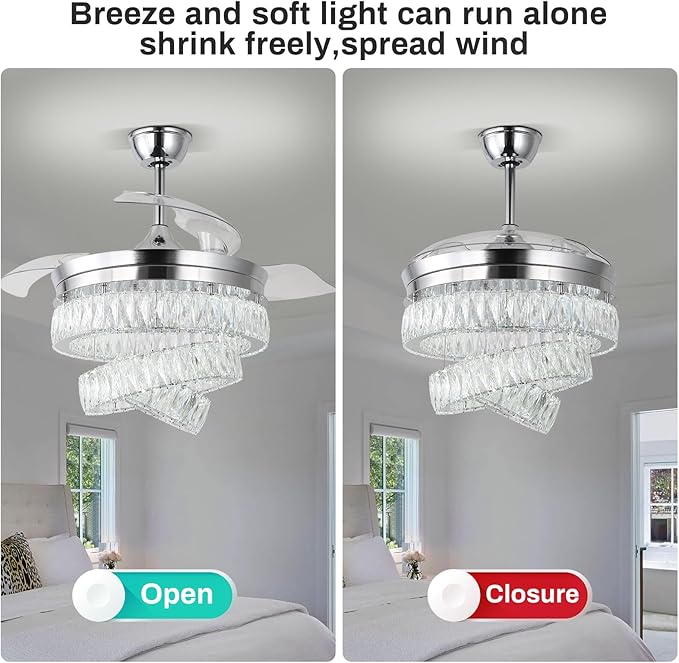 Finktonglan 42'' Fandelier Ceiling Fan with Light, LED Crystal Chandelier Ceiling Fan with Remote Retractable Chandeliers Fan for Bedroom Living Room, Timing 6 Speed Reversible, Chrome
