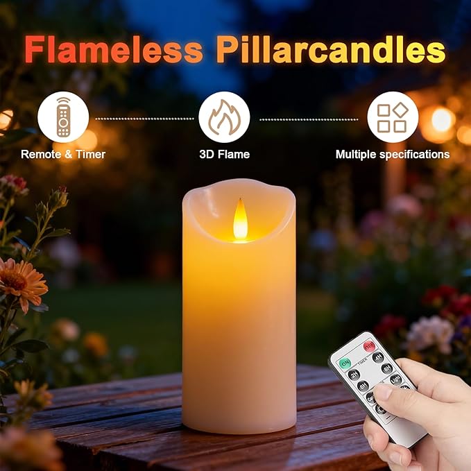 Rechargeable Flameless Candle, Realistic 3D Flickering Warm Flame, LED Candle with Remote Control & Timer for Holiday, Wedding, Patio and Home Decoration(Set of 1)