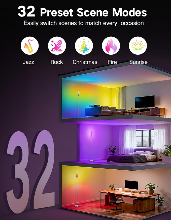 OUTON Floor Lamp for Living Room, 66 in LED Corner Floor Lamp with Remote, App and Touch Slider Control, 2200K-6500K Stepless Dimmable RGB Standing Lamp with Timer, Memory and Music Sync, Black