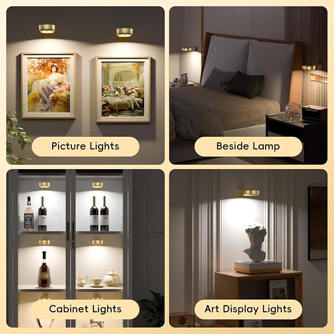 Picture Lights for Wall with Charge Station, 3 Pcs Rechargeable Magnetic Poster Lights with 3 Color Temperatures, Dimmable Timer Painting Wall Decor Light for Art Display, Frame (Gold)