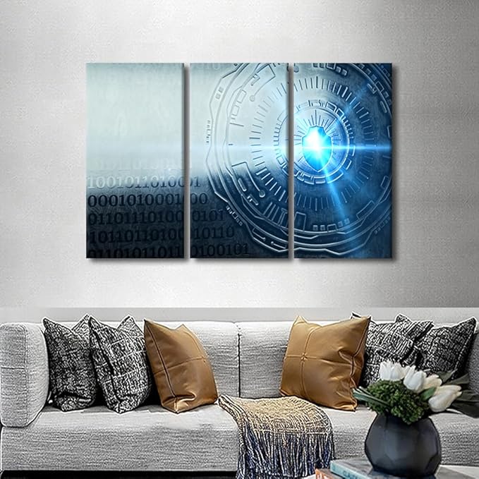 TUMOVO 3 Panel Canvas Wall Art A Key Formed from Binary Code Goes Into an Abstract Lock Posters and Prints, Cybersecurity Concept Artwork for Living Room Wall Decoration, Ready to Hang, 42" Wx28 H