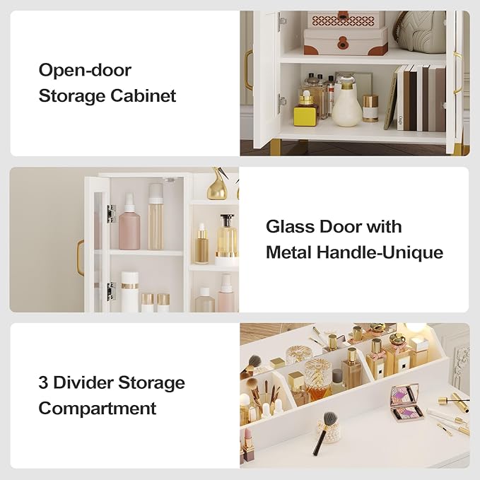 BTHFST Makeup Vanity Desk with Mirror and Lights & Charging Station & Makeup Stool, Vanity Table Set with Glass Top Storage Drawer & Beach & 3 Shelves for Bedroom (Modern White & Gold)