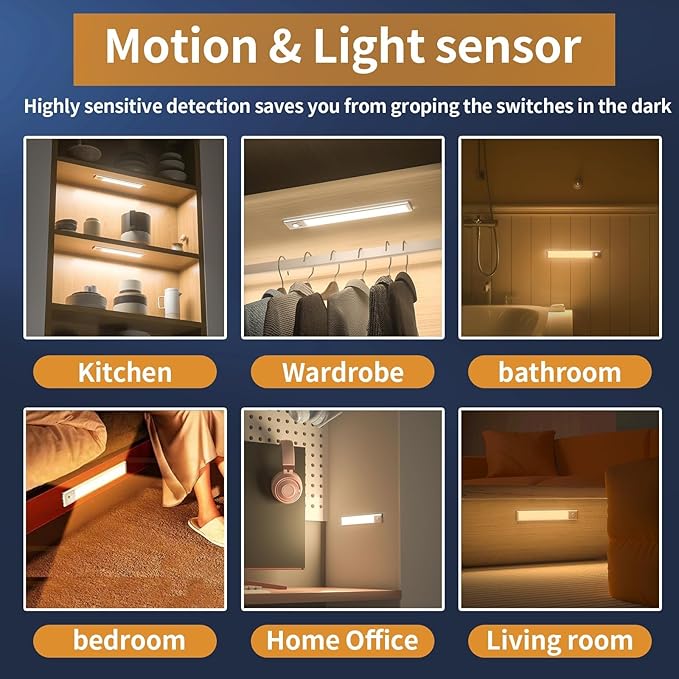 Motion Sensor Under Cabinet Lighting-Magnetic Rechargeable Closet Lights for Kitchen,Stairs,Wardrobe | 3-Color Dimmable LED Under Counter Lighting | Cord-Free Light Bars (9.5inch-2Pack)