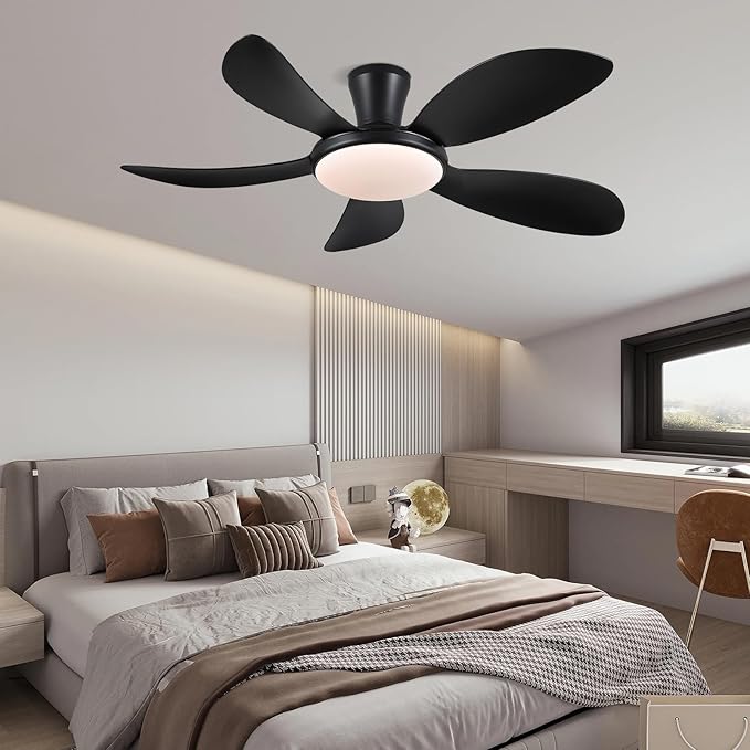 PHORUS 48" Black Low Profile Ceiling Fans with Lights and Remote/APP, Modern Flush Mount Ceiling Fans with Quiet Reversible DC Motor, Dimmable 3 Colors 6 Speeds for Bedroom Kitchen