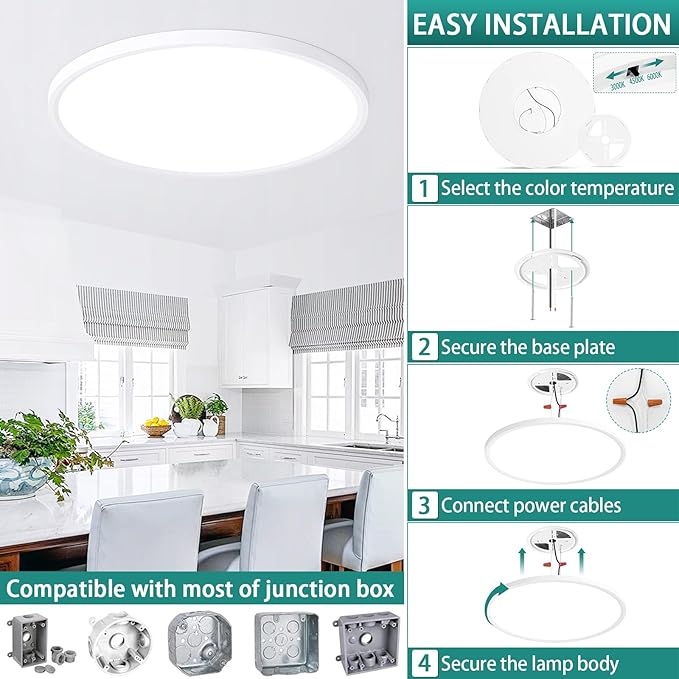 24 Inch LED Flush Mount Ceiling Light Fixture,Dimmable Ultra Thin Low Profile,48W 4800 Lumens,3 CCT Color Selectable,Modern Round White Ceiling Light for Living Room,Bedroom,Kitchen,Office