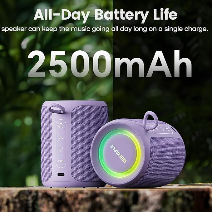 Bluetooth Speaker Wireless,IP67 Waterproof & Dustproof Portable Speaker with Lights,15W Loud Stereo Sound, 2500mAh Battery All Day Playtime, TWS Pairing, BT5.3, Home/Party/Outdoor/Beach (Purple)