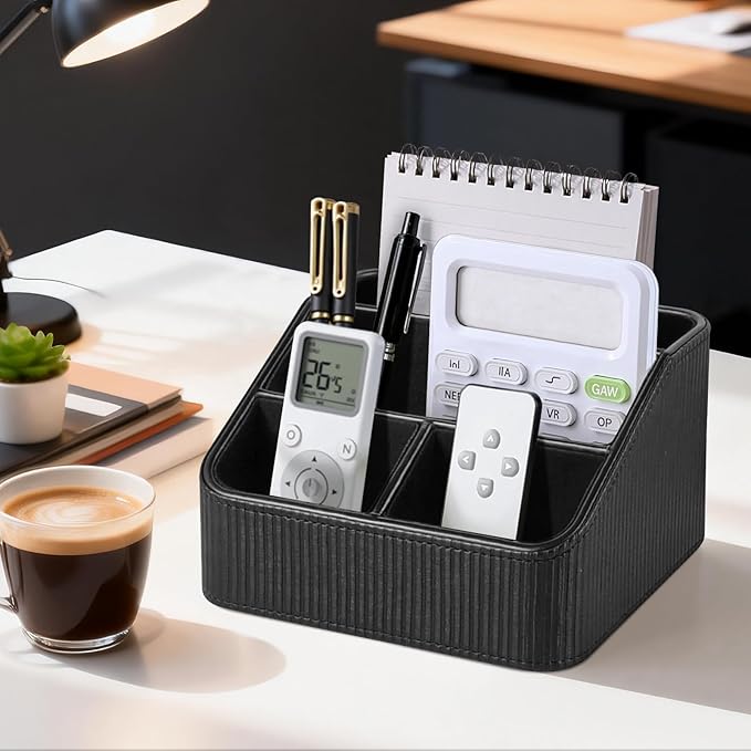 PU Leather Remote Control Holder with 4 Compartments, Small Desk Organizer Office Supply Bedside Caddy, All-in-One Small Bedside Remote Holder Nightstand Desktop Organizer
