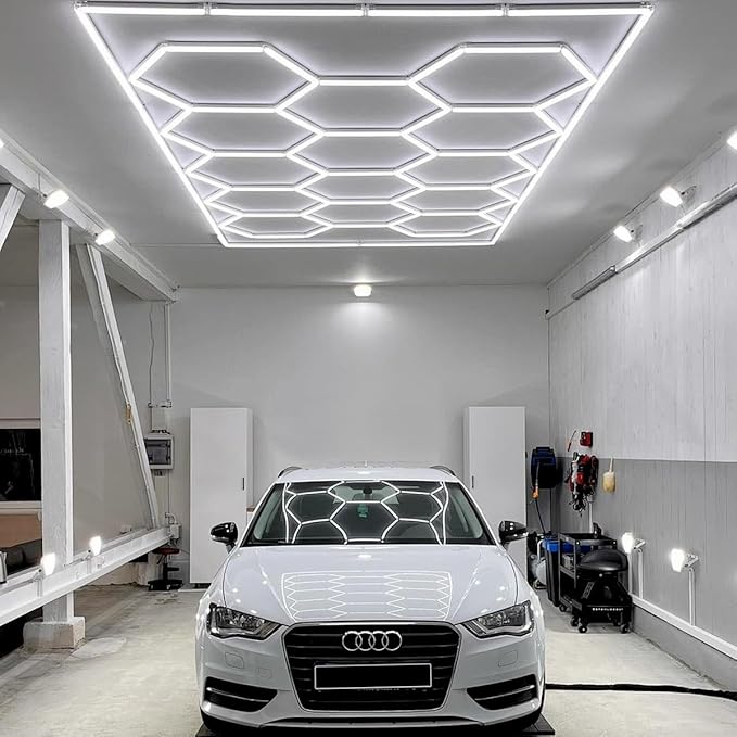 Hexagon Garage Lights Dimmable: Upgraded 3 Level 20% 50% 100% Dimmable 14 Hex Grid with Frame, 6500K Honeycomb Celling LED Garage Lights for Basement, Warehouse, Auto Beauty Car Detailing Shop